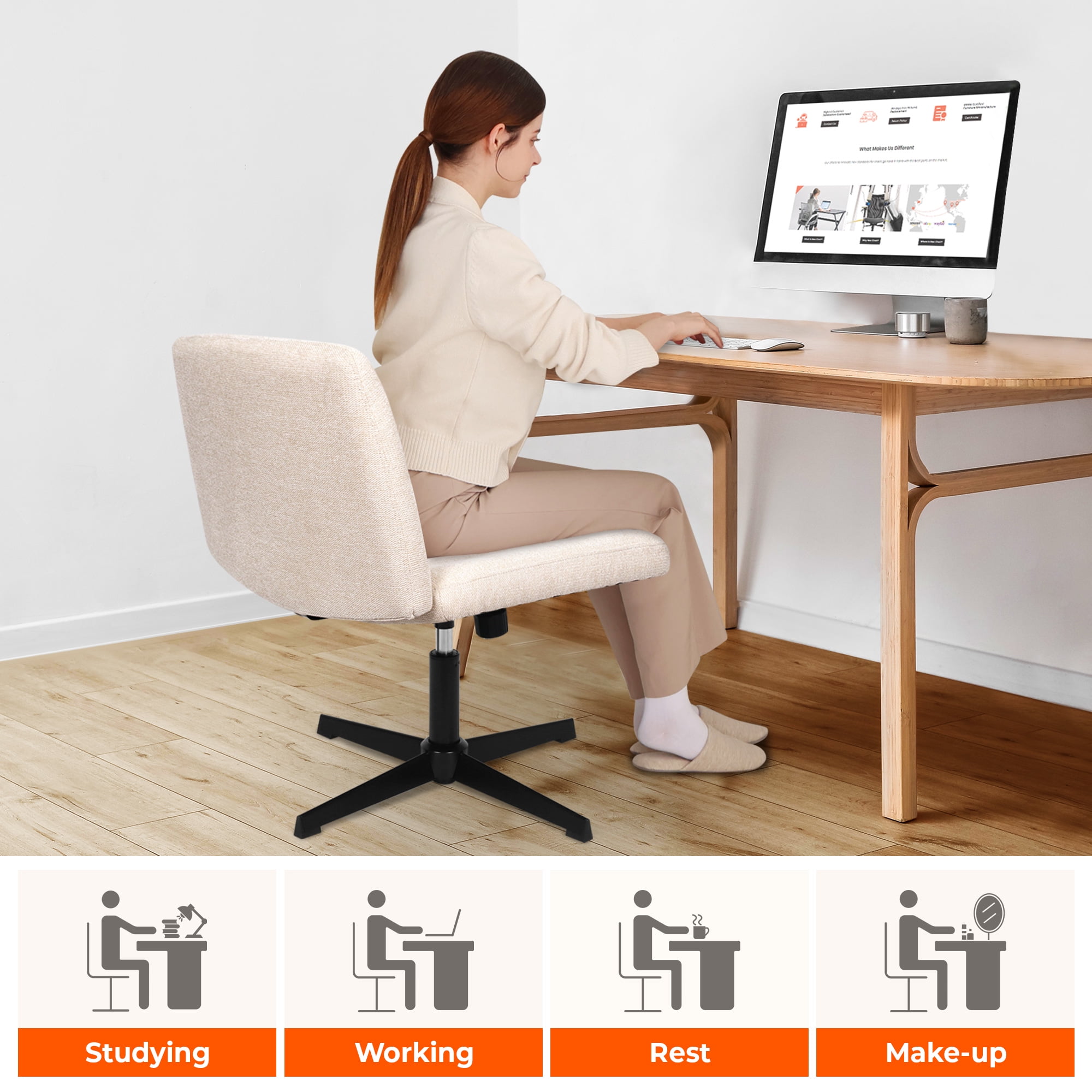 NEO CHAIR Criss Cross Chair No Wheels Armless&nbsp;Comfy Desk Chair Wide Vanity Makeup&nbsp;Cross Legged Office Adjustable Computer Task for Home Office Fabric (Beige)