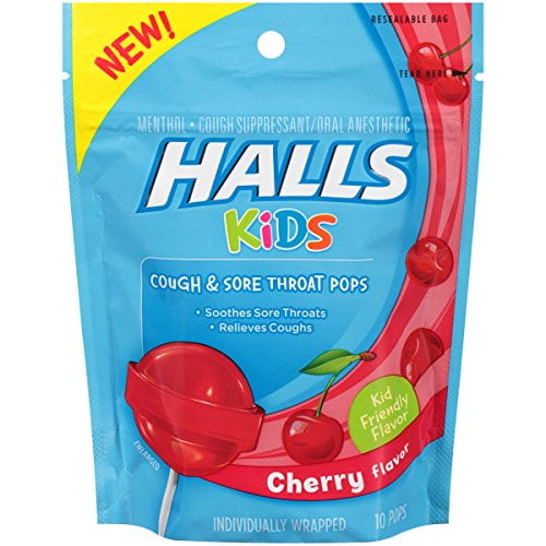 Halls Kids Pops Cough and Sore Throat Cherry, 10 ct