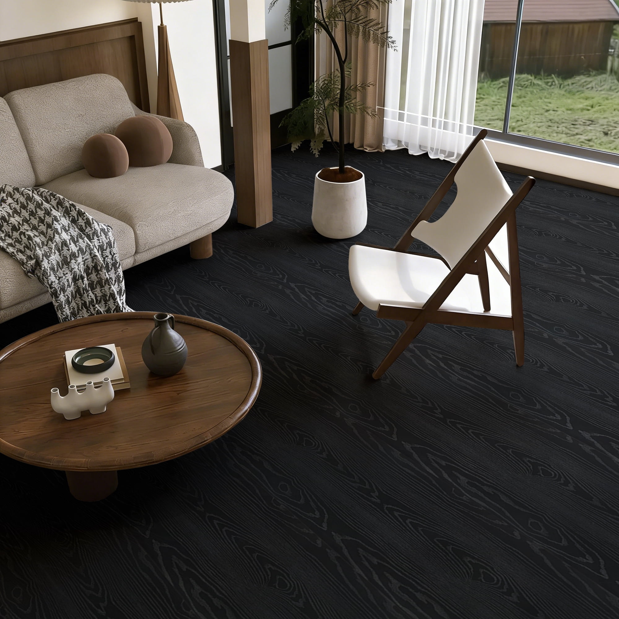 Abyssaly Vinyl Peel and Stick Flooring tile 15.7" x 236", Covering Area 25.8 Sq.ft, Self-Adhesive Floor Tile Black Wood-Look for Home Decoration