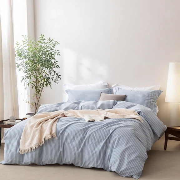 3 Pieces Pinstripe Duvet Cover Queen Size 90''W x 90'' L, 100% Washed Cotton Cornflower Blue and White Striped Duvet Cover with Zipper Closure Plus 2 Pillowcases,Oeko TEX Standard Certificated