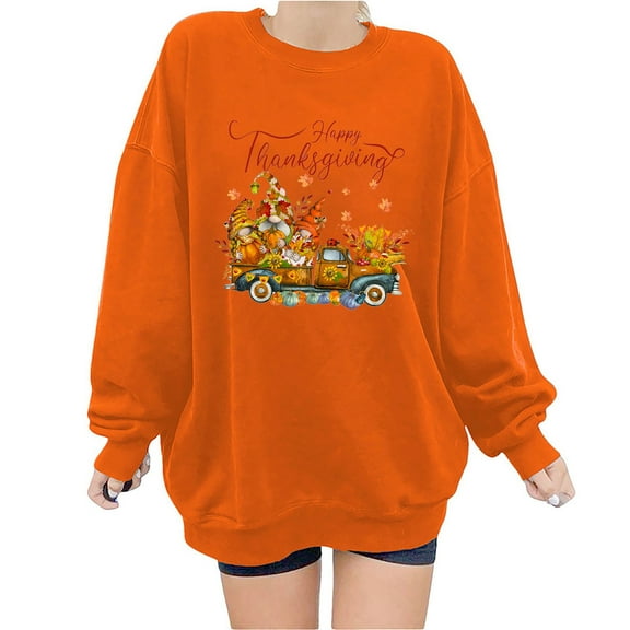 Odeerbi Thanksgiving Sweatshirts for Women Trendy Printed Loose Long Sleeve Blouse Round Neck 2025 Casual Pullover Tops Sweatershirt Orange