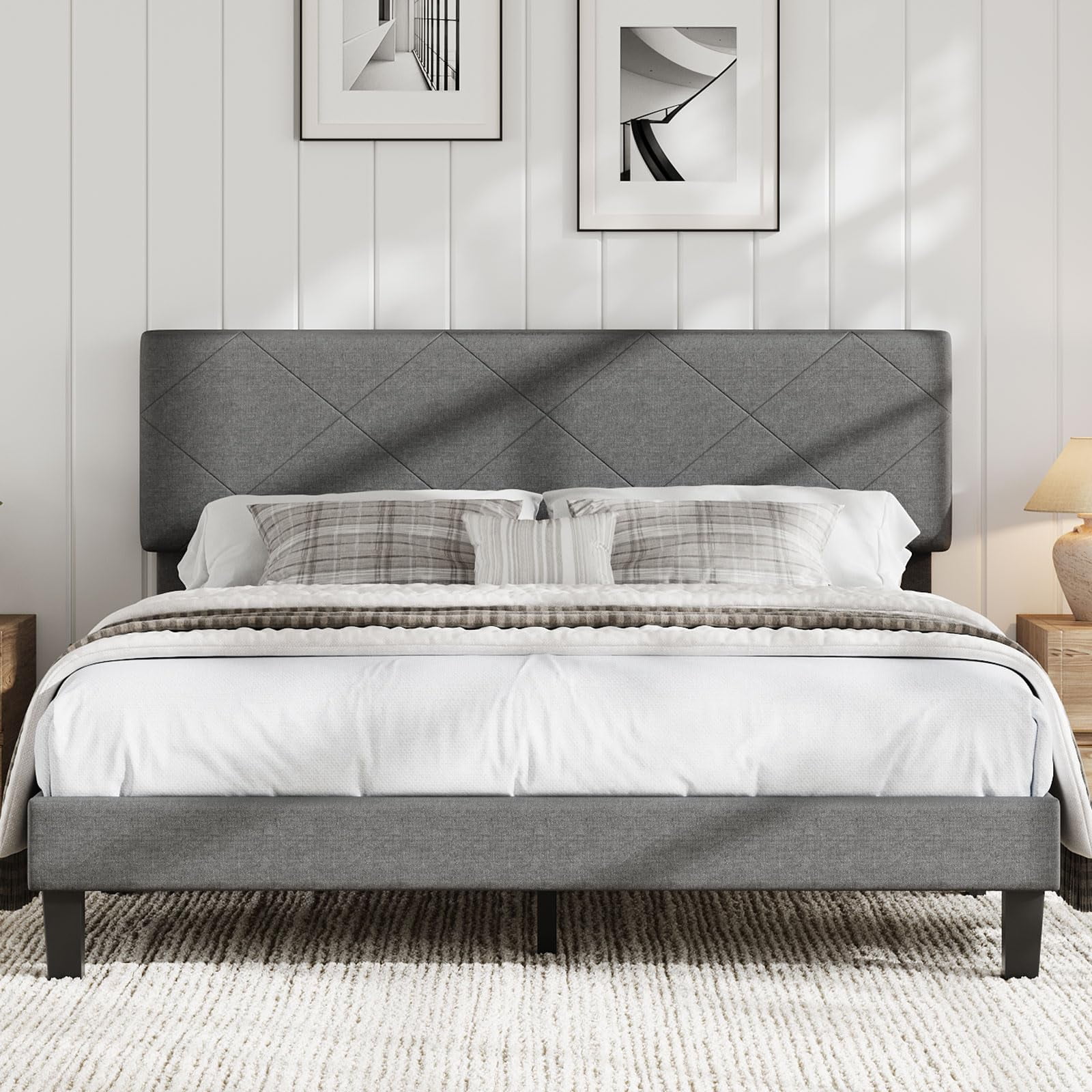 Modern Upholstered Bed Frame with High-Quilted Headboard – Gray Fabric Platform. 900lb Capacity. King size