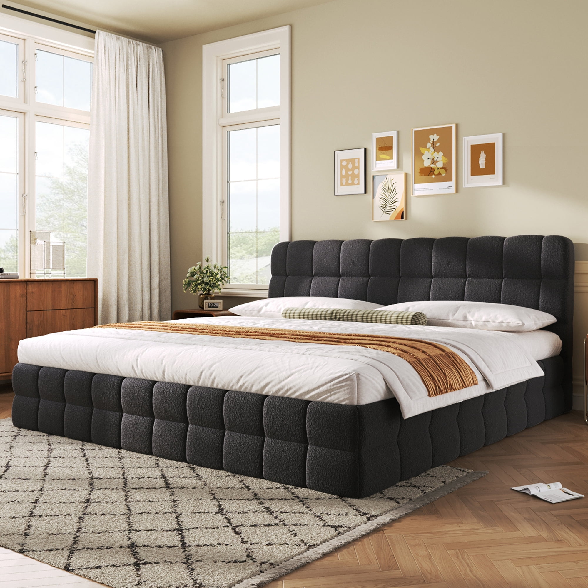 Euroco Upholstered King Size Platform Bed, Black