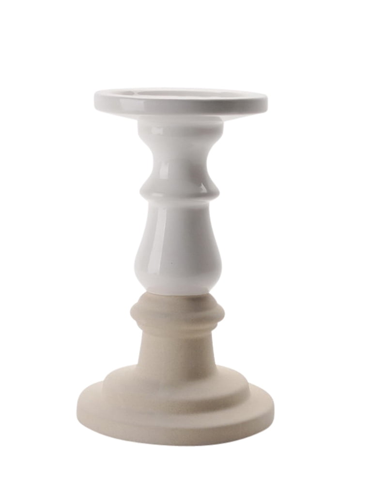 Ceramic Dual Tone Pillar Candle Holder, White And Beige