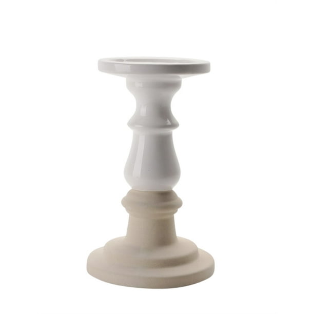 Ceramic Dual Tone Pillar Candle Holder, White And Beige
