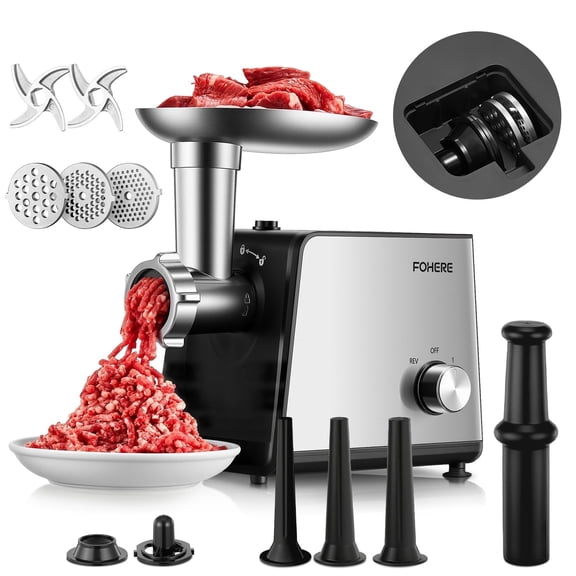 FOHERE Electric Meat Grinder Heavy Duty 3200W Max Stainless Steel with Blades, Plates, Sausage Tubes & Kubbe Kit for Home Use