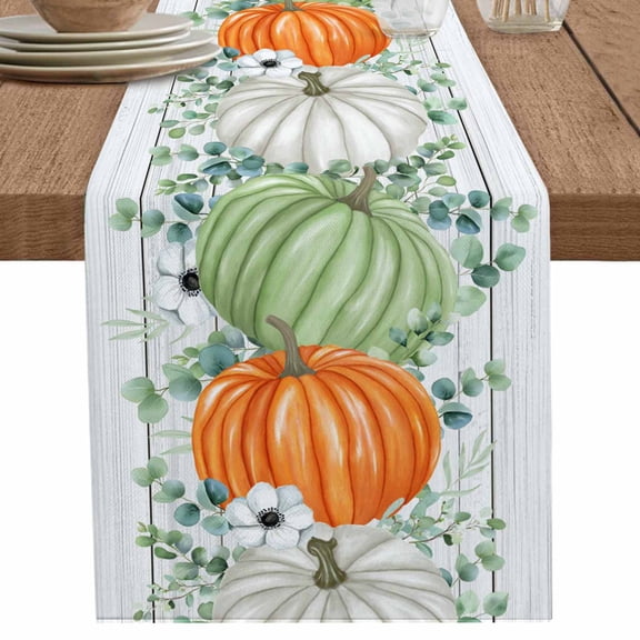 nqOlkjepod Fall Table Runner 120 Inches Long Farmhouse Dress Scarves, Orange Green Pumpkin Thanksgiving Eucalyptus Wood Dining Tablerunner for Coffee Table/Kitchen Island/Party Décor, 13" x 120"
