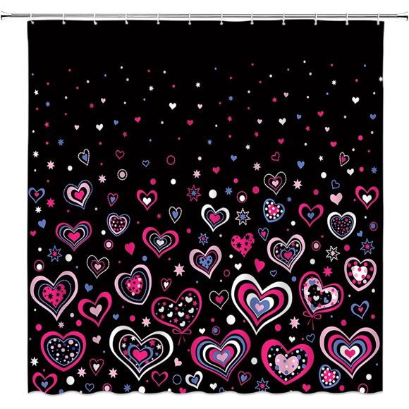 Rideau de Douche de la Saint-Valentin Rose Cœur d'Amour Étoile Romantique Doux Couple Vacances Bohème Tissu Décoration de Salle de Bain Rideaux avec Crochets, Rose Noir