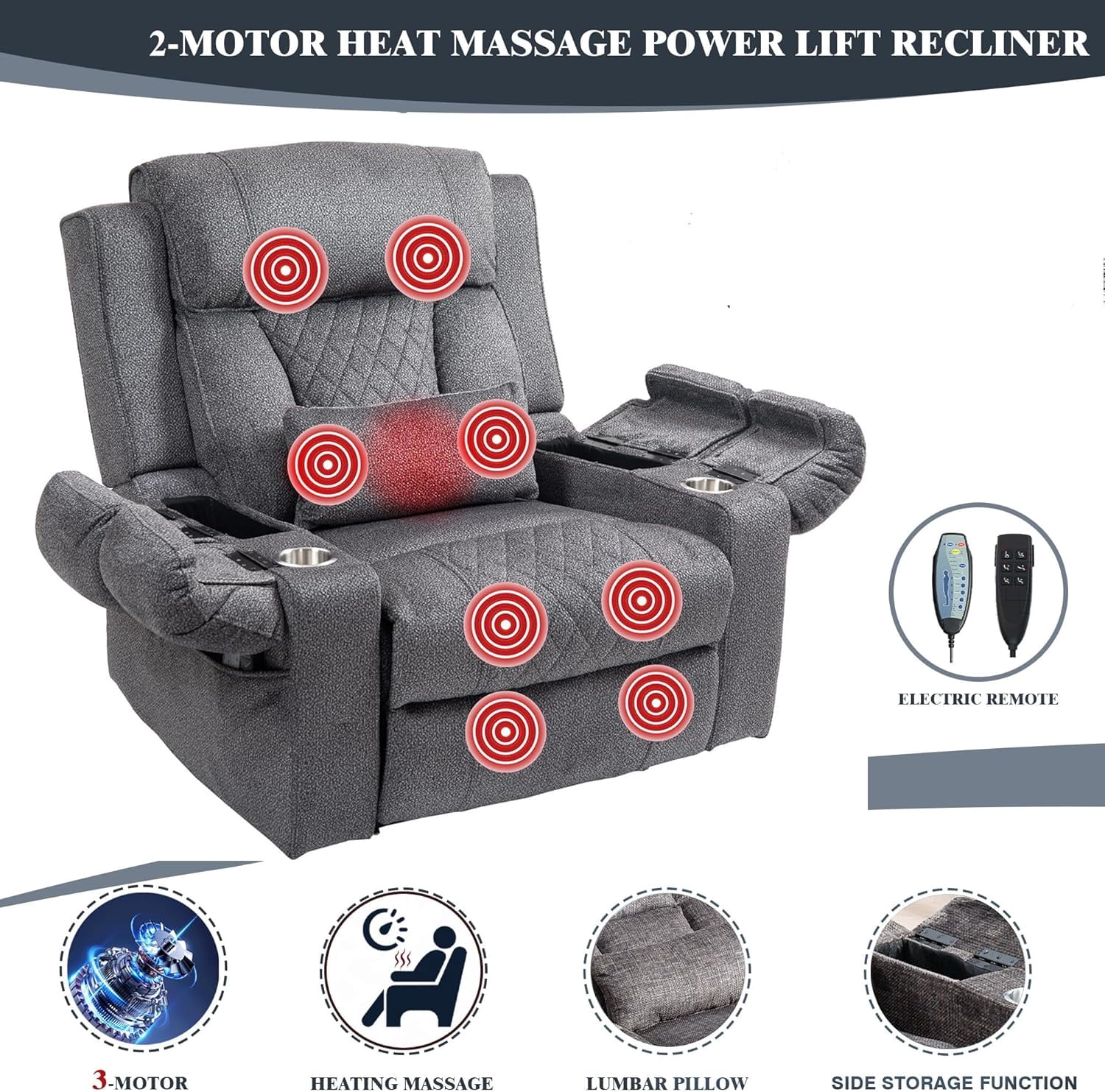 REHOUSING Adult Velvet Living Room Lift and Heat Vibration Recliners with Armrests and Cup Holders, Gray