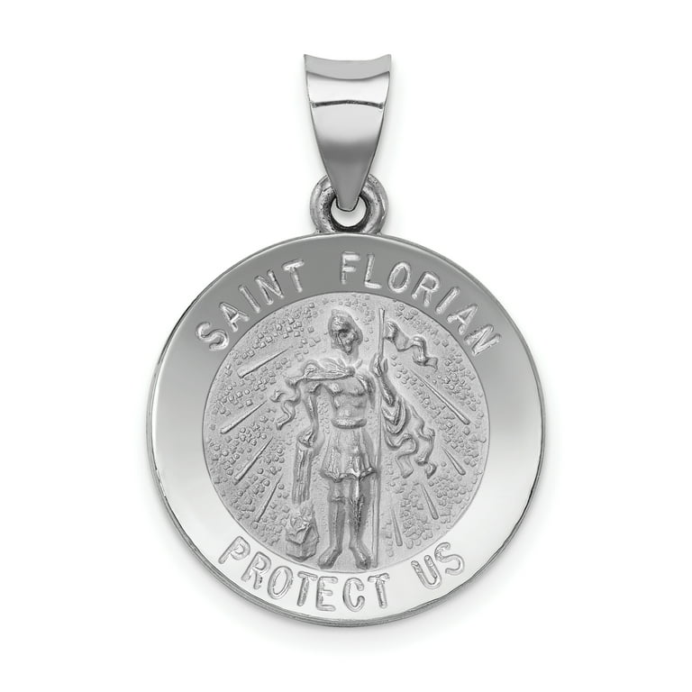 14k White Gold St Florian Medal Pendant Charm Necklace Religious