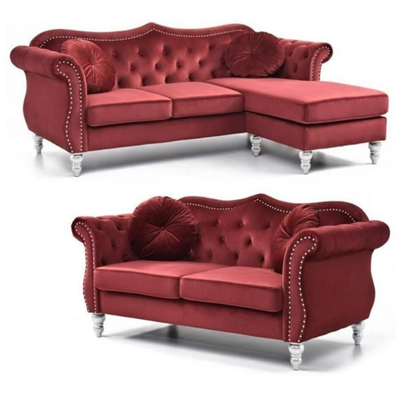 Home Square 2-Piece Set with Sofa Chaise and Loveseat in Burgundy