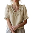 thumbnail image 2 of Yrmaups Loose Fit Short Sleeve T Shirt for Women, Casual V Neck Ruffle Blouse, Soft Stretch Everyday Tee for Beach Travel Office Daily Wear, Beige 2XL, 2 of 9