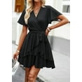 thumbnail image 2 of Womens Sexy Deep V Neck Short Sleeve Tie Waist Ruffle Hem Flowy Swing Mini Short Wrap Dress, 2 of 7