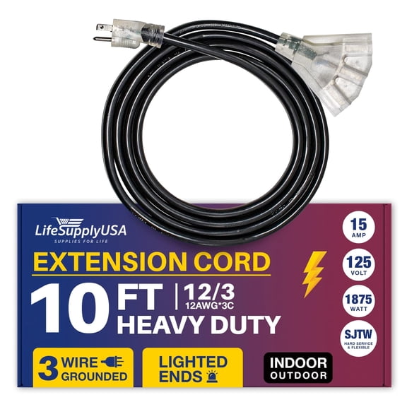 10ft Outdoor/Indoor Extension Cord 3-Outlet 12/3 Gauge Extra Heavy Duty 3 Prong SJTW, Waterproof, Flexible Cold-Resistant Long Power Cord,15A 125V 1875W, Black by LifeSupplyUSA