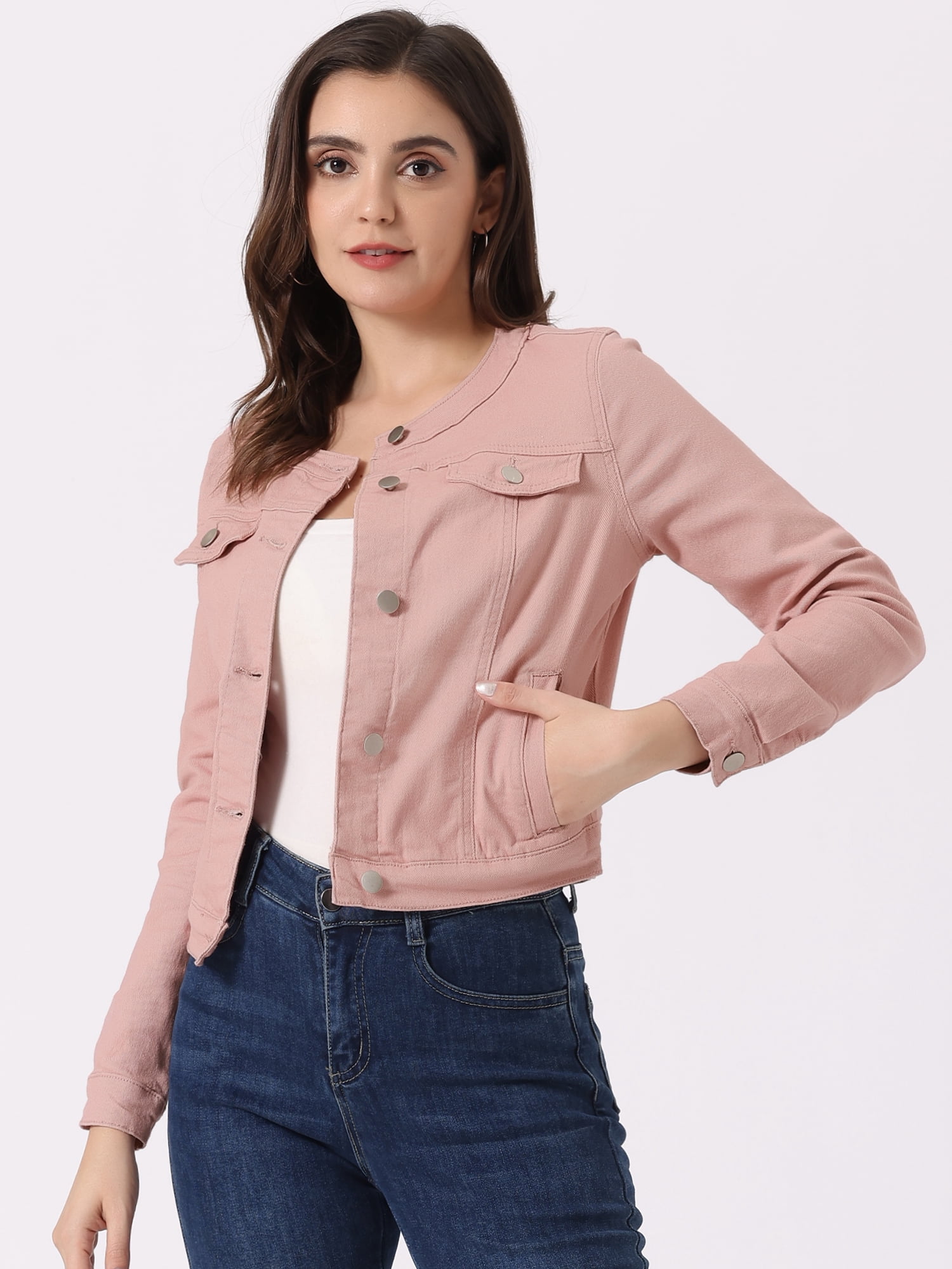 DARING DIVA Women's Button Down Collarless Cropped Denim Jacket L Dusty Pink
