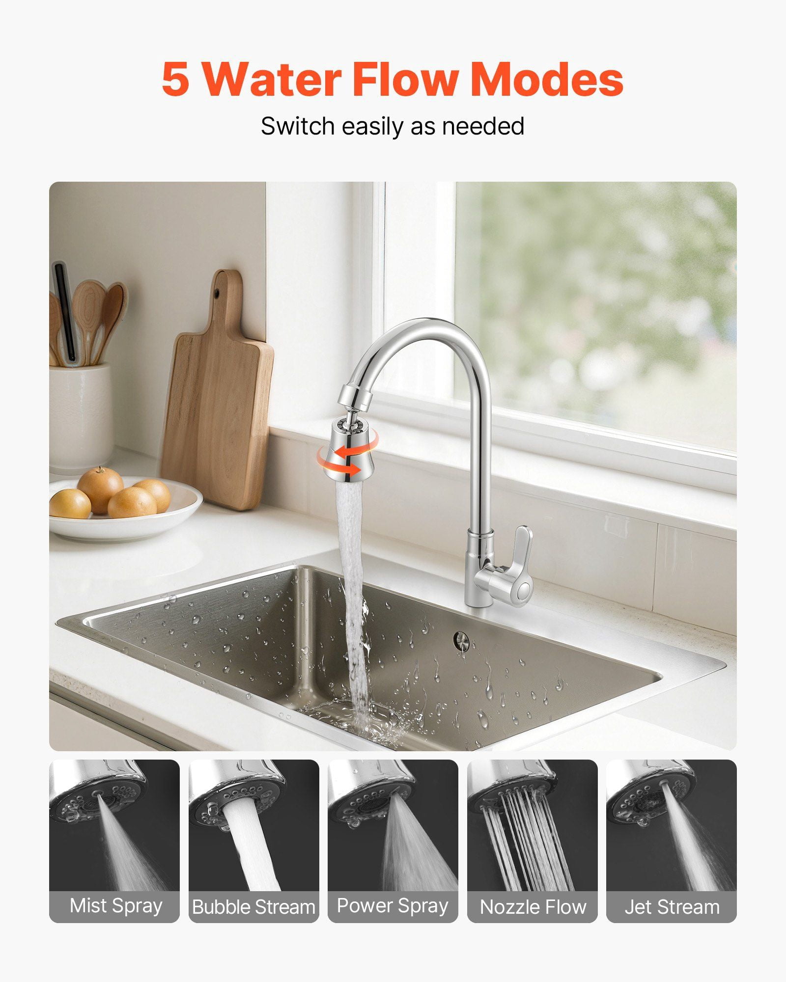 360° Swivel Kitchen Faucet Aerator with 5 Spray Modes, Anti-Splash Adapter, Universal Brass Fitting for Standard Kitchen Sinks