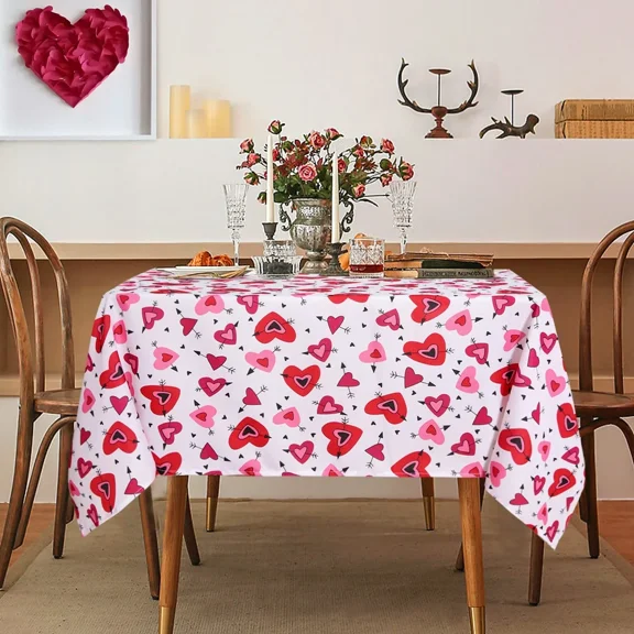LUSHVIDA Valentine's Day Tablecloth - Rectangle Tablecloth 60x84 inch- Stain and Water Resistant Table Cover for Valentine/Wedding Decoration Use, Red & White Hearts Pattern.