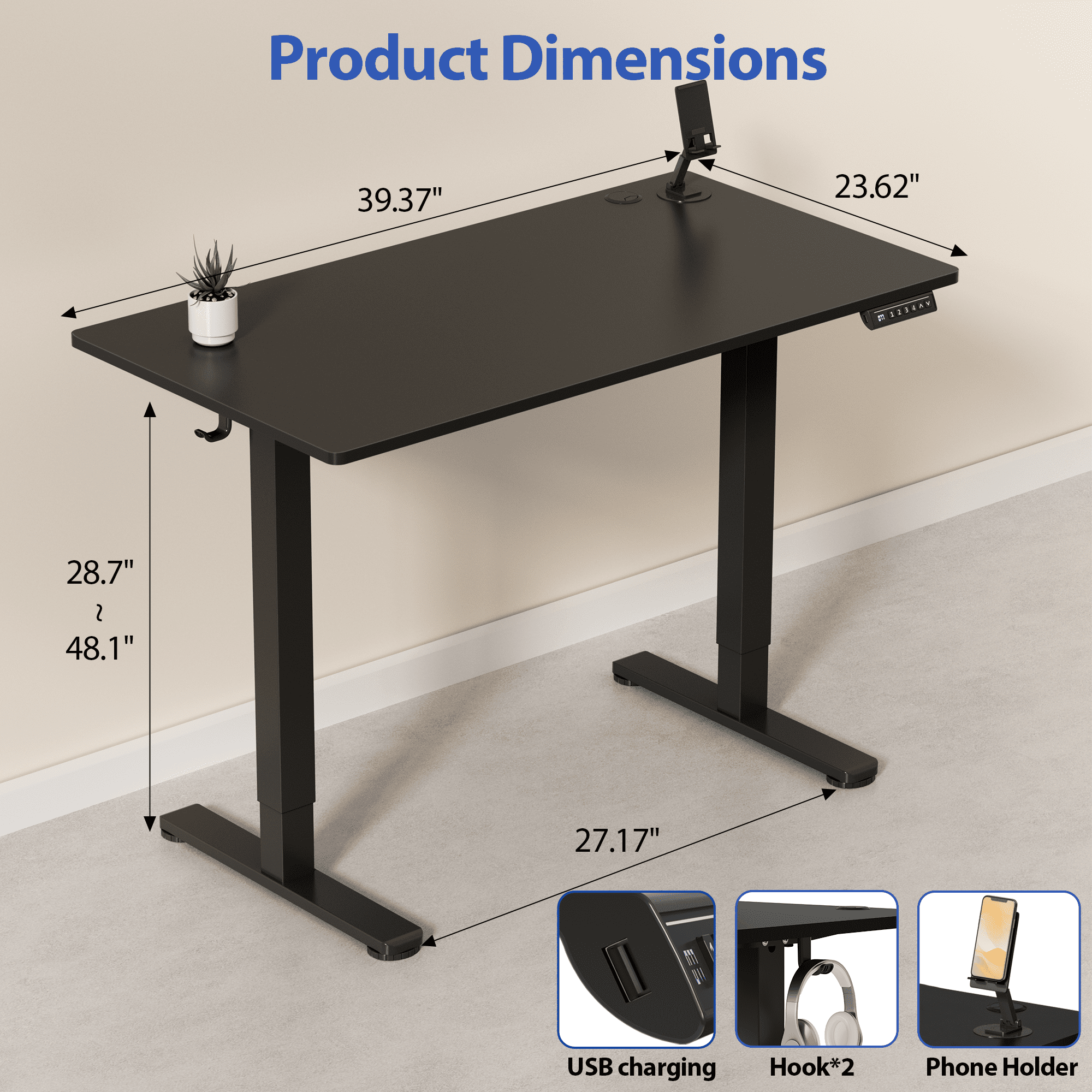 Lacoo 40" x 24" Sit to Stand Desk Height Adjustable Standing Desk Electric Stand up Table with Phone Stand, Black