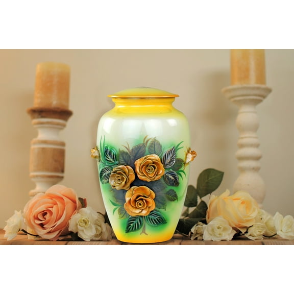 11" 3D Carved Decorative Flowers Aluminum Metal Cremation Urns for Human Ashes | Hand-Crafted Large Urn for Adult Cremation (Yellow Roses)