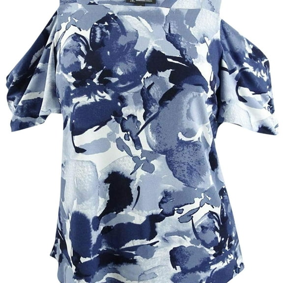 I.N.C Womens Floral Print Cold Shoulder Blouse, Blue, Medium