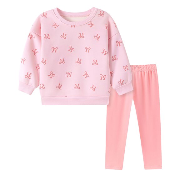 WUSUOWEI Baby Girls 2 Piece Fleece Outfit Crew Neck Sweatshirt with Bow and Elastic Waist Joggers Pants Soft Cotton Blend 2 Piece Fall Winter Clothing Set for Kids 7 Years