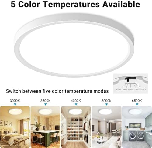 HOVMAP 6 Pack LED Flush Mount Ceiling Light,12Inch 24W,3000K/3500K/4000K/5000K/6500K 5 Color Temperatures Ceiling Light Fixture for Kitchen Porch Hallway Bedroom Bathroom,White, White