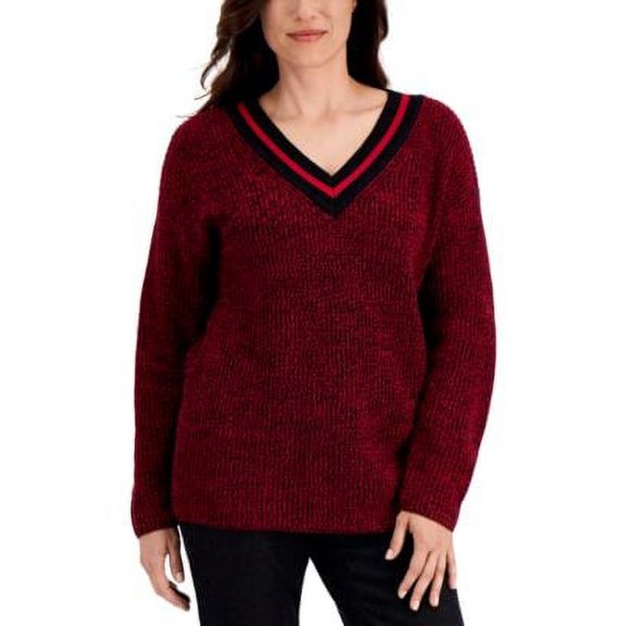 MSRP $47 Karen Scott Contrast Varsity-Striped V-Neck Sweater Red Size Medium
