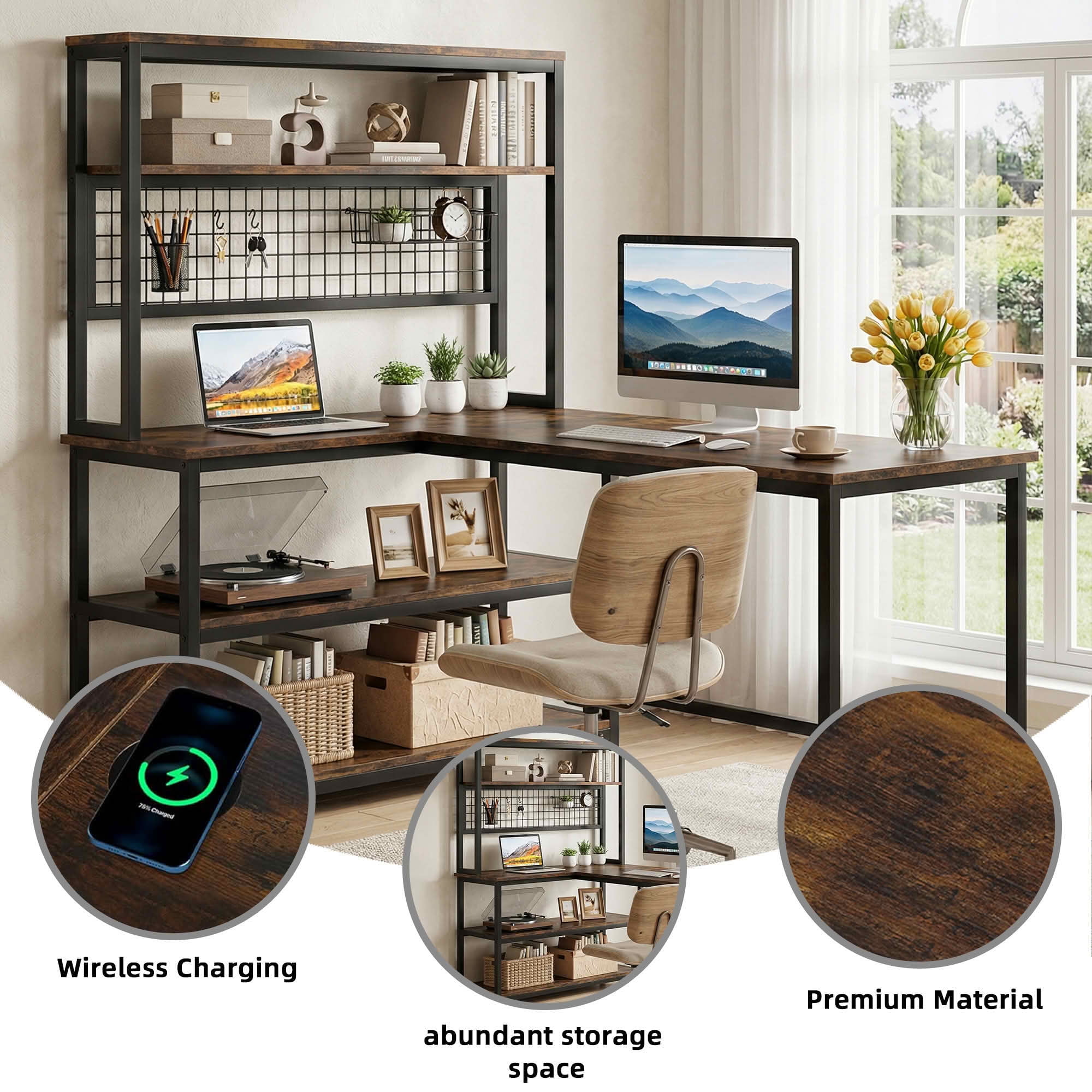 MAYEERTY 55" Large L-Shaped Office Desk with Built-In Charger, Waterproof Dustproof Corner Workstation with Storage Bookshelf for Home & Office