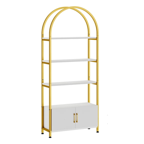 EastVita 4 Tier Arched Bookshelf with Doors Storage, 71.5 Inch Tall Industrial Book Shelf with Metal Frame, Open Curved Bookcase, Display Shelf for Living Room and Office, Black