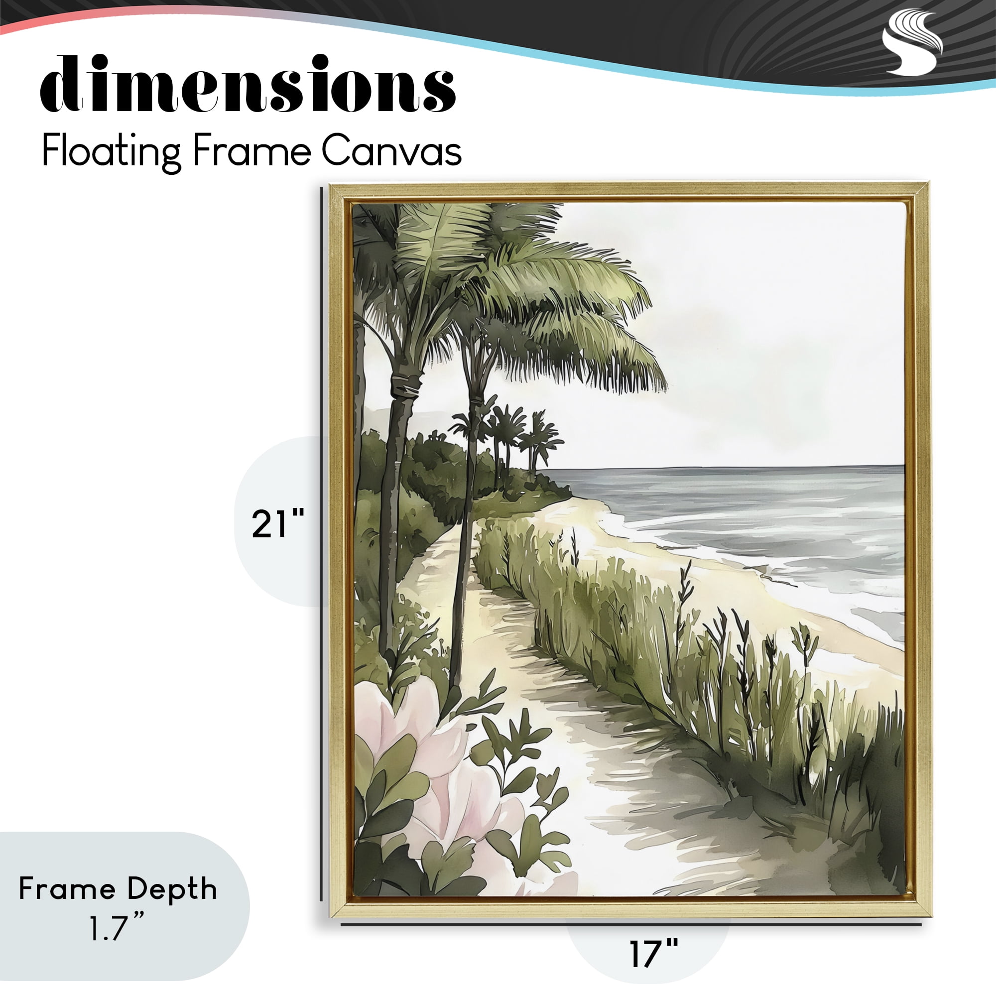 Stupell Industries Coastal Calm Palm Tree Pathway Gold Framed Floater Canvas Wall Art, design by Riley B