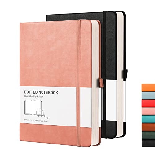 Cuaderno puntos RETTACY Grid Journal 2 Pack - Cuaderno cubierta dura, cuadrícula puntos, 320 páginas, papel 120gsm, cuero sintético, bolsillo interior, 5.75'' × 8.38'' (Negro Rosa)