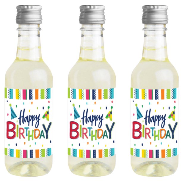 Cheerful Happy Birthday - Mini Wine and Champagne Bottle Label Stickers - Colorful Birthday Party Favor Gift for Women and Men - Set of 16