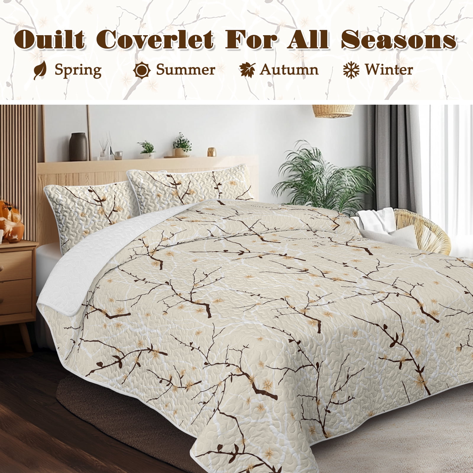 Sleepwish 3 Pieces Quilt Set Queen Size, Colorful Flower Fall Leaves Bedding Set Lightweight Bedspreads Bed Cover