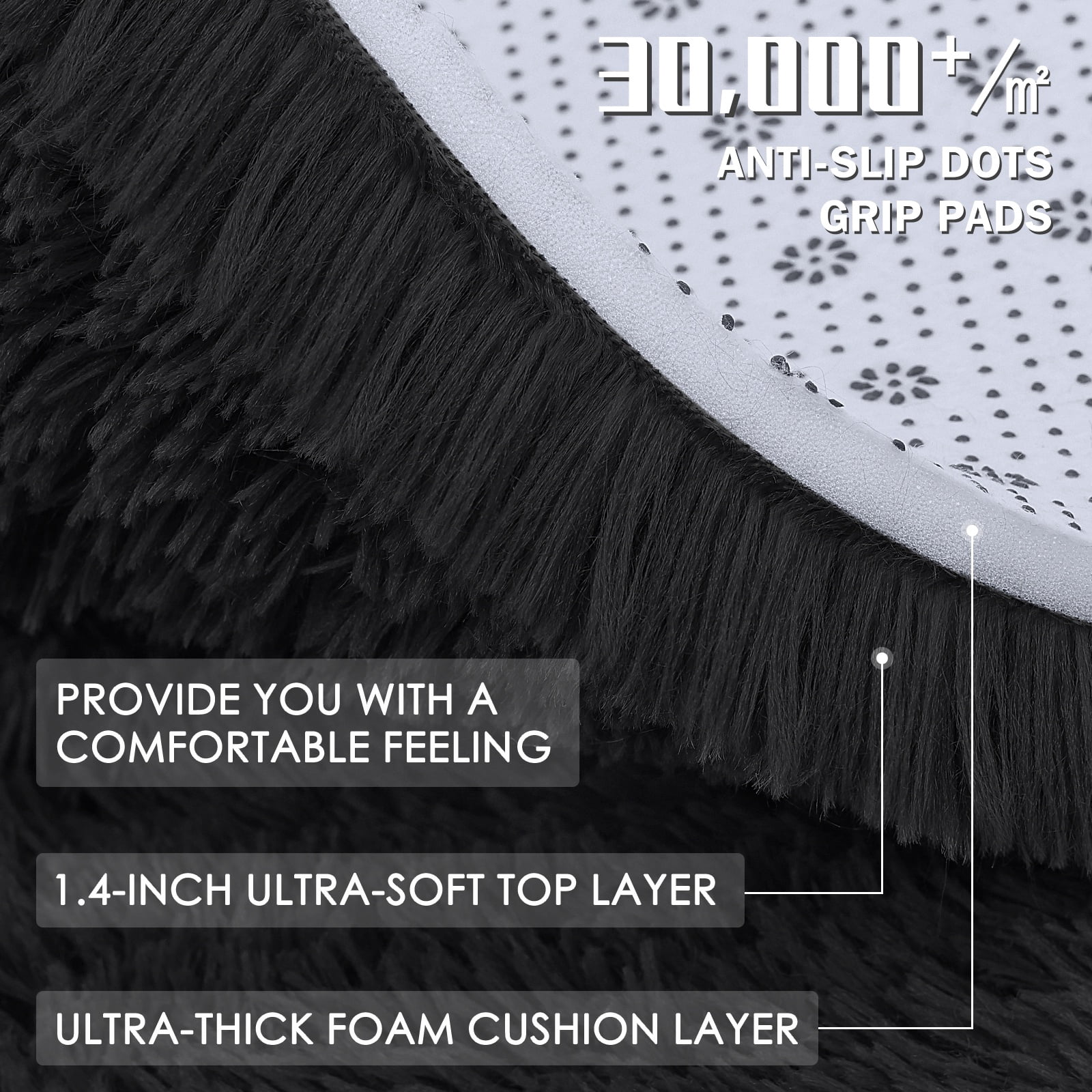 Buganda Fluffy Area Rugs, Round Area Rug for Living Room, Soft Decorative Carpet for Indoor Home, 3'x3', Black