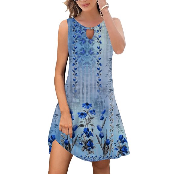 Lenago Summer Dresses for Women Plus Size Summer Fashion Printed Round-Neck Sleeveless Pullover Dress Beach Tank Summer Dresses on Clearance