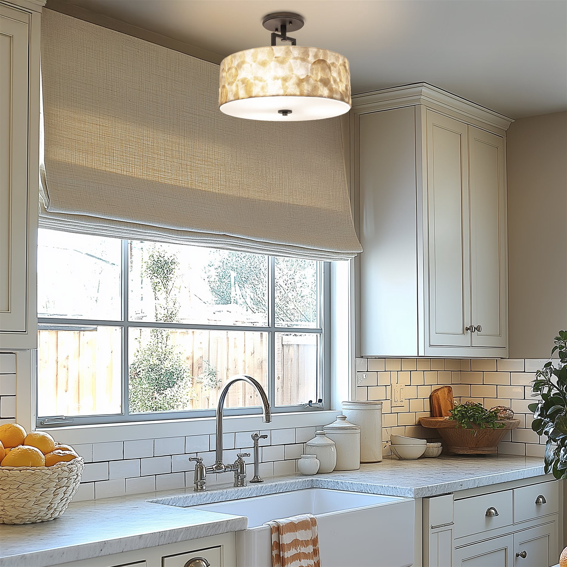 Kira Home Cove 15" Natural Capiz Shell Semi-Flush Mount Ceiling Light, Coastal 3-Light Drum, Oil Rubbed Bronze