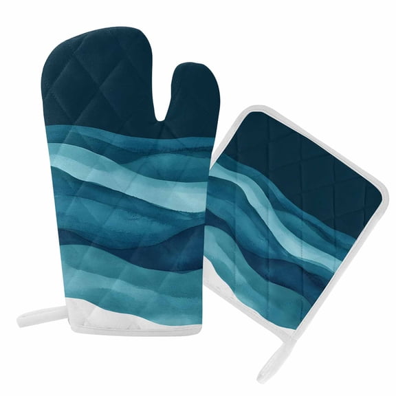 Oven Mitts and Pot Holders Set Water Ripple Heat Resistant Kitchen Oven Glove Gradient Grill Gloves Set for Cooking, Baking, BBQ, Machine Washable 6.5x10.8in 8x8in