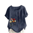 thumbnail image 3 of QATAINLAV T-Shirts pour Femmes à Imprimé Floral, Hauts en Lin Graphiques, Décontractés, Coupe Ample, Tunique à Col Rond, Chemise d'Été à Manches Courtes, T-Shirts Grande Taille avec Bouton, Ventes Éclair Prime, Bleu Marine G, 3 of 5