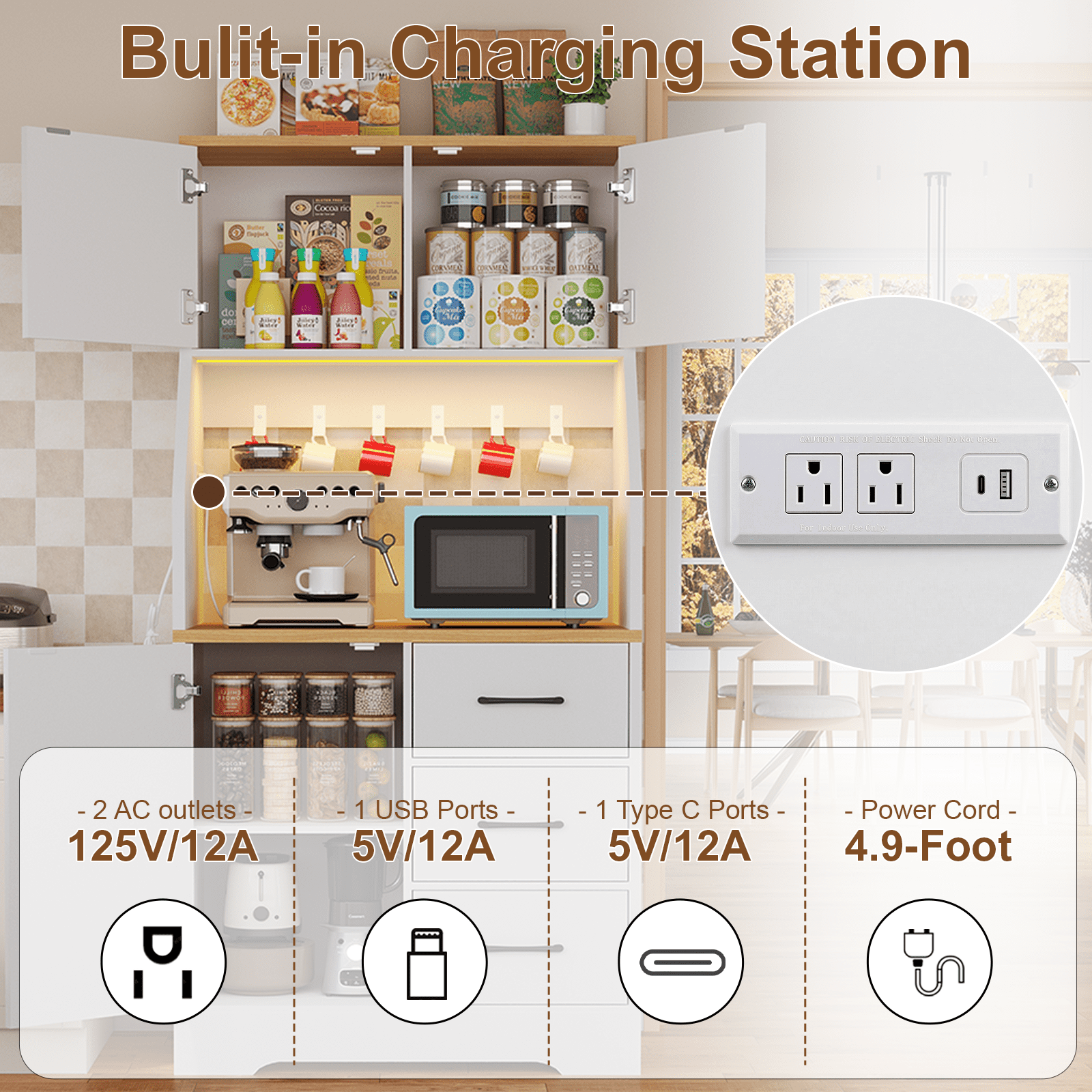 LLappuil 69" Kitchen Pantry, Kitchen Pantry Storage Cabinet with LED Light & Outlet, Kitchen Hutch with 6 Hooks, Drawer, Adjustable Shelves White