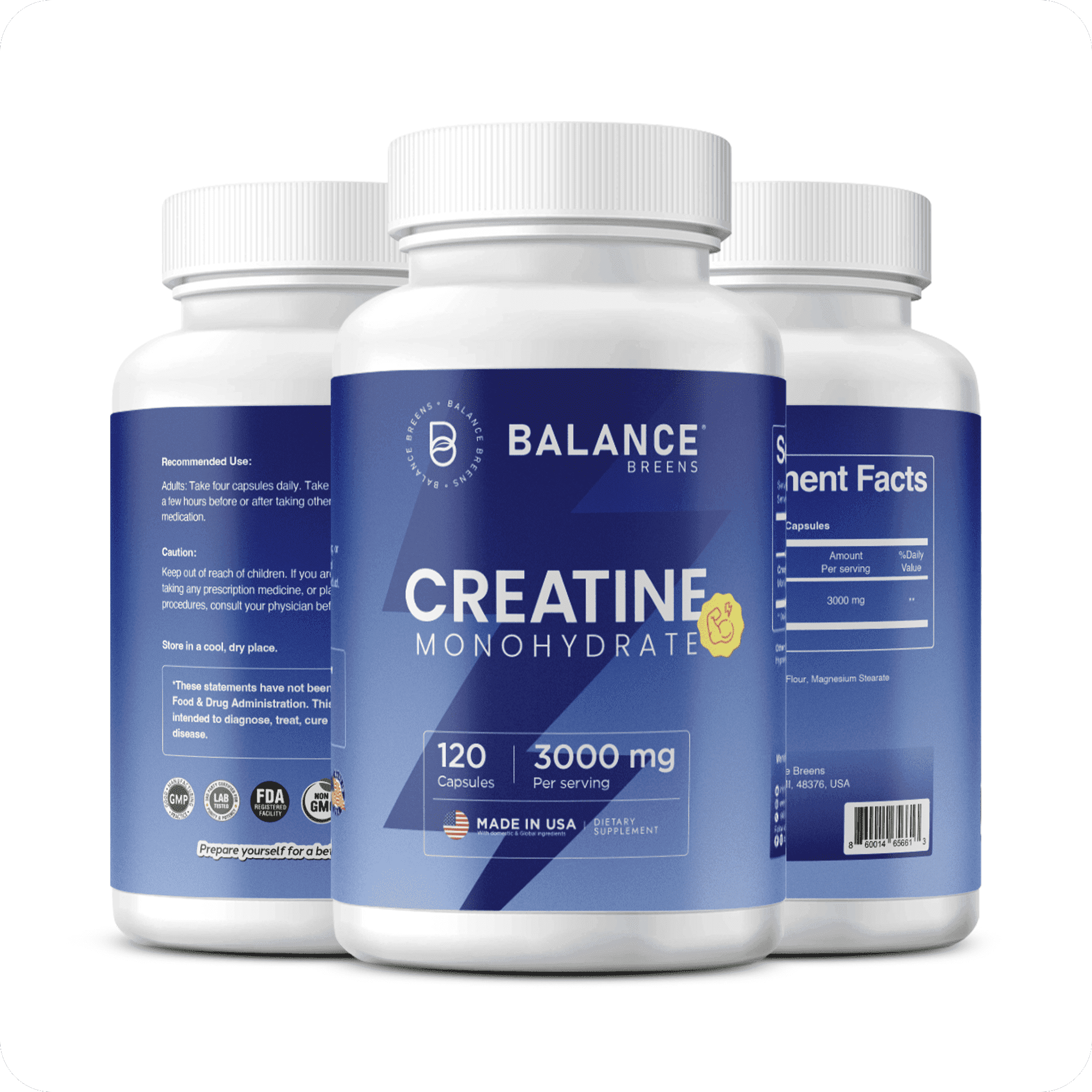 Balance Breens Creatine Monohydrate Capsules – Micronized Creatine 3000mg | Muscle Builder for Men & Women | Pre Workout with Creatine | 120 Capsules, Unflavored, Vegan Creatine Supplement