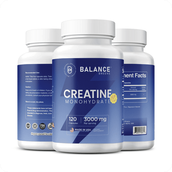 Balance Breens Creatine Monohydrate Capsules – Micronized Creatine 3000mg | Muscle Builder for Men & Women | Pre Workout with Creatine | 120 Capsules, Unflavored, Vegan Creatine Supplement