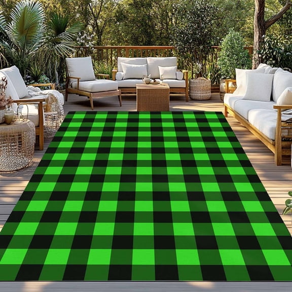 Outdoor Rug, Pastoral Green Black Buffalo Plaid Indoor Area Rug Outdoor Carpet RV Camping Rugs 3x5ft Minimalist Checkered Outside Mat for Patio Picnic Porch Deck Balcony Backyard