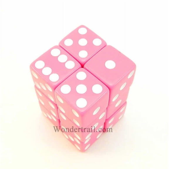 Pink Opaque Dice with White Pips D6 16mm (5/8in) Pack of 12 Koplow Games