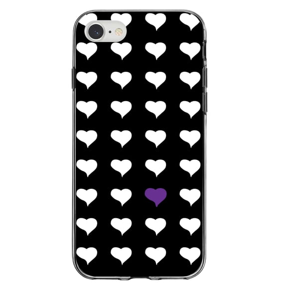DistinctInk Clear Shockproof Hybrid Case for iPhone 7 8 SE (2020 Model) 4.7" Screen TPU Bumper Acrylic Back Tempered Glass Screen Protector - Purple White Black Repeating Hearts