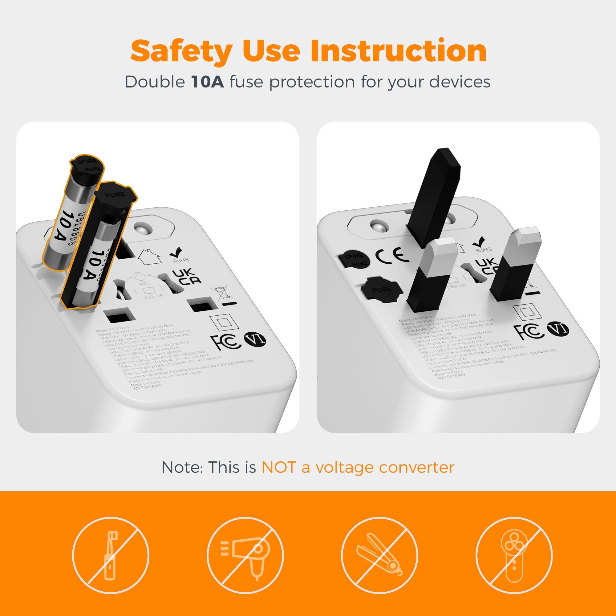 Universal Travel Plug Adapter, Type C/G/I/A Multiple Plug Options, 4 USB Ports (2 USB-C) 2 AC Outlets, International Wall Charger, Compact