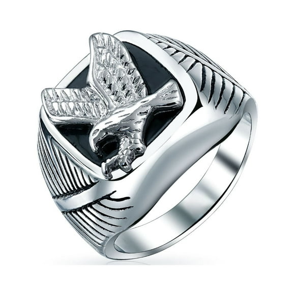 Personalize Men's Large Statement Square Black Patriotic USA American Bald Eagle Signet Ring for Men Silver Tone Stainless Steel