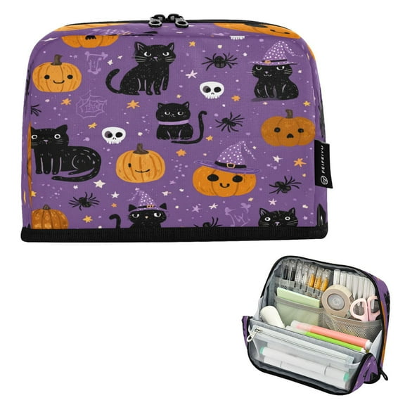 Standing Pencil Case with Base Large Capacity Stationery Pouch Pen Bag with Zipper for Women Men Black Cat and Pumpkin