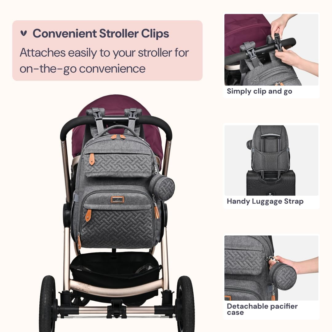 BabbleRoo Diaper Bag Backpack, Travel Backpack, Pacifier Case & Stroller Straps, Multifunction, Waterproof, Unisex – Dark Gray