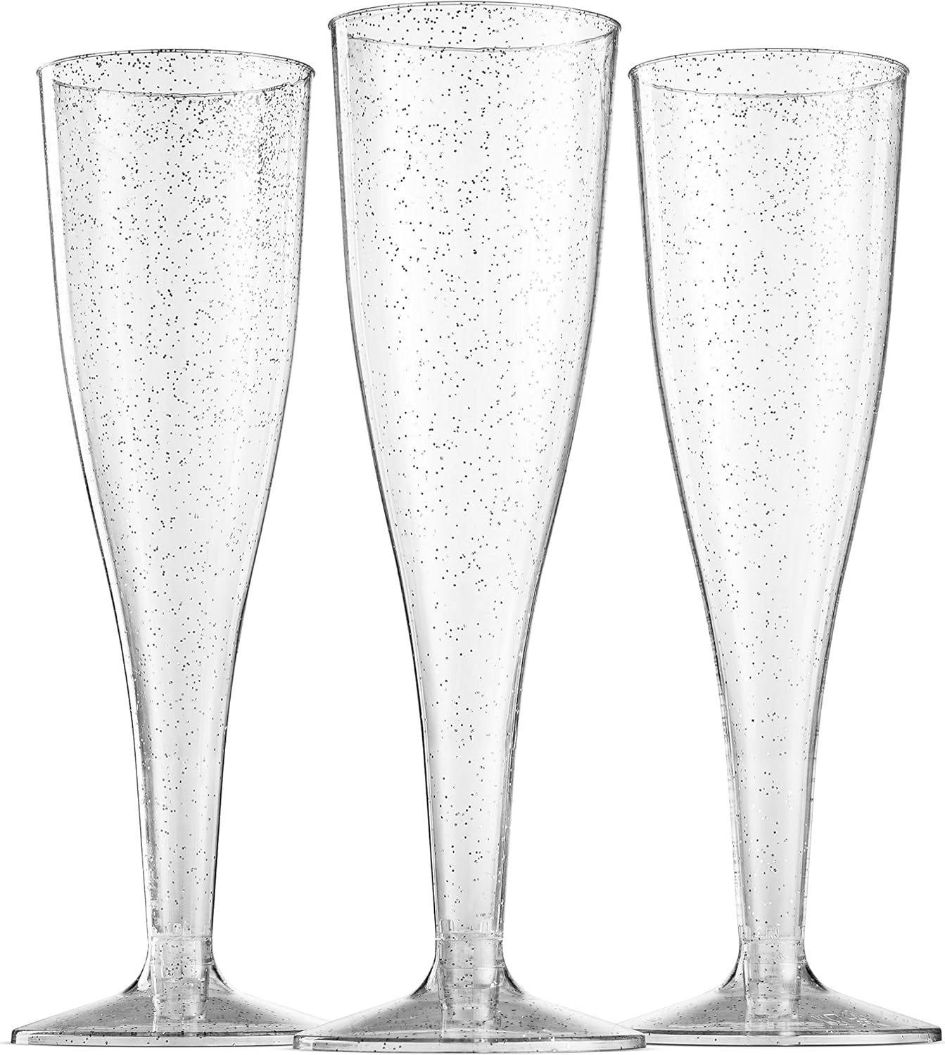 100 Plastic Champagne Flutes - 5 Oz Disposable Silver Glitter Champagne Glasses for Parties, Mimosa Bar, Events, Wedding and Shower Party Supplies - Toasting Cocktail Cups