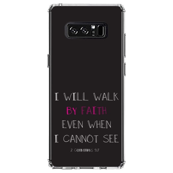 DistinctInk Clear Shockproof Hybrid Case for Samsung Galaxy Note 8 - TPU Bumper, Acrylic Back, Tempered Glass Screen Protector - 2 Corinthians 5:7 - Walk By Faith Even When I Cannot See